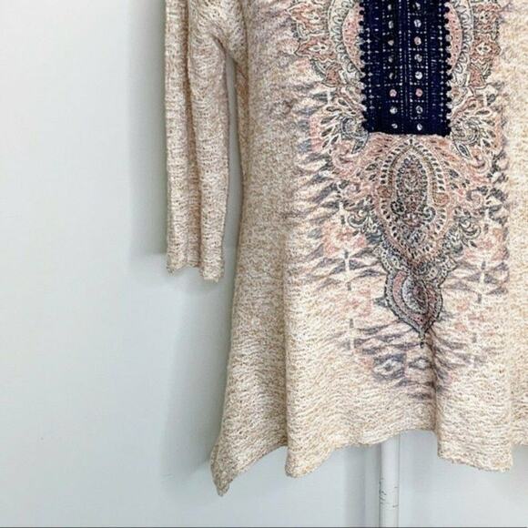 One World Live and Let Live boho Tunic Sz Medium ivory blue elbow sleeve top - Picture 10 of 10
